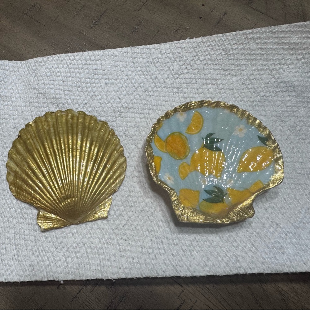 Gold Scallop Shell Trinket Dishes with Lemon Decoupage handcrafted decor
